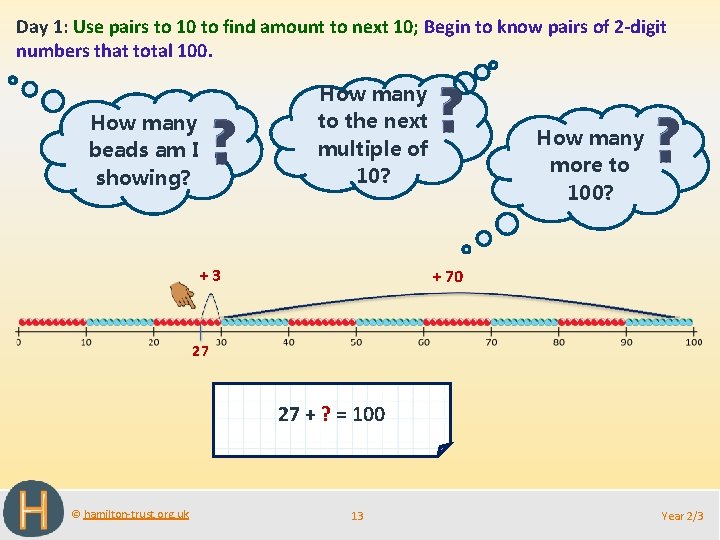 Day 1: Use pairs to 10 to find amount to next 10; Begin to