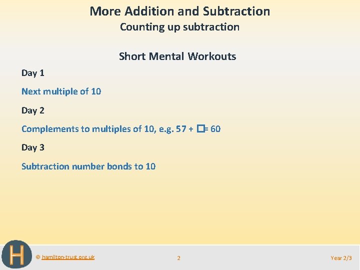 More Addition and Subtraction Counting up subtraction Short Mental Workouts Day 1 Next multiple