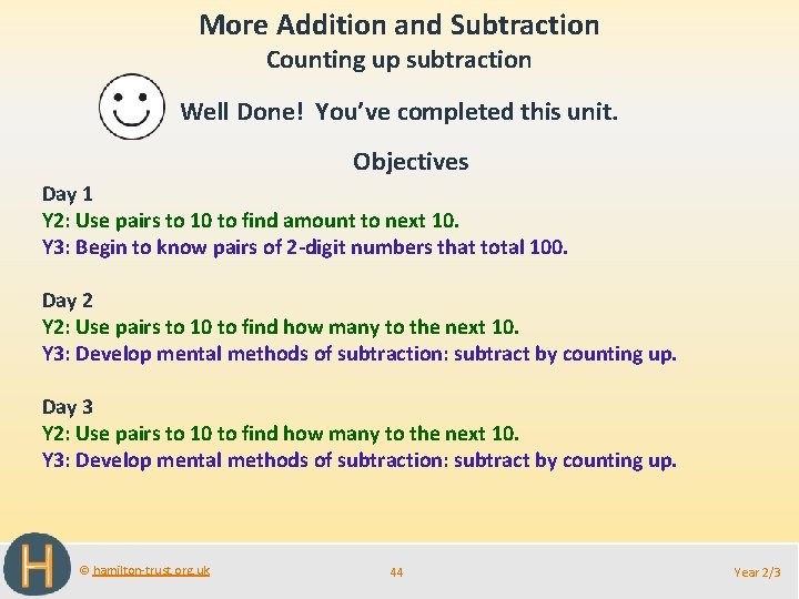 More Addition and Subtraction Counting up subtraction Well Done! You’ve completed this unit. Objectives