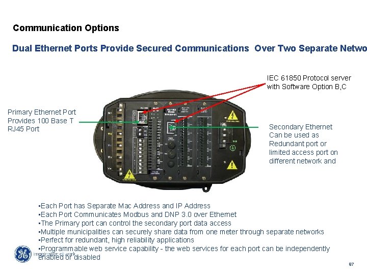 Communication Options Dual Ethernet Ports Provide Secured Communications Over Two Separate Netwo IEC 61850