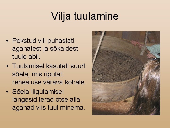 Vilja tuulamine • Pekstud vili puhastati aganatest ja sõkaldest tuule abil. • Tuulamisel kasutati