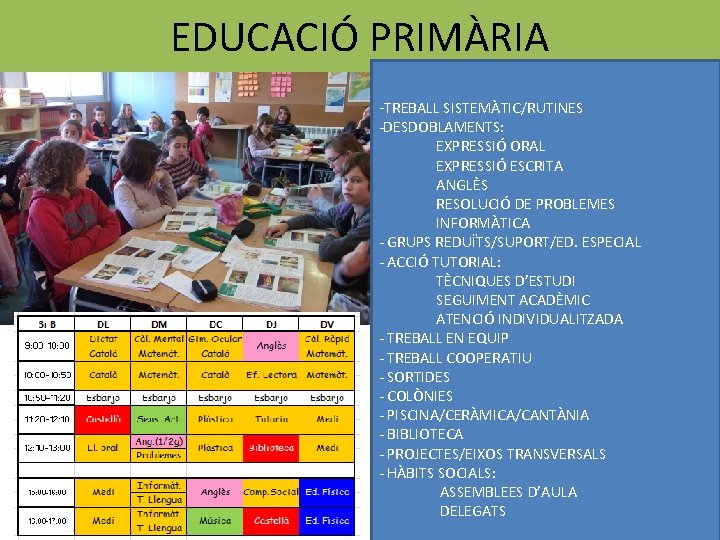 EDUCACIÓ PRIMÀRIA -TREBALL SISTEMÀTIC/RUTINES -DESDOBLAMENTS: EXPRESSIÓ ORAL EXPRESSIÓ ESCRITA ANGLÈS RESOLUCIÓ DE PROBLEMES INFORMÀTICA