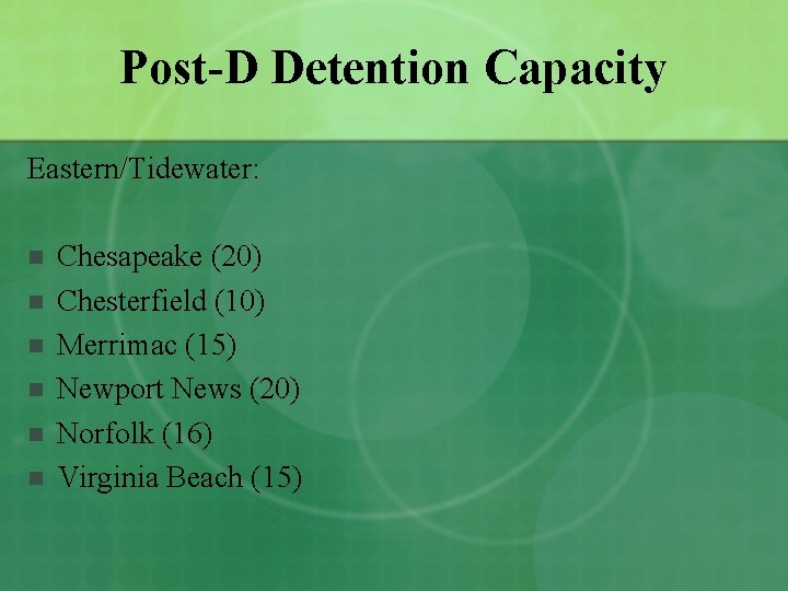 Post-D Detention Capacity Eastern/Tidewater: n n n Chesapeake (20) Chesterfield (10) Merrimac (15) Newport