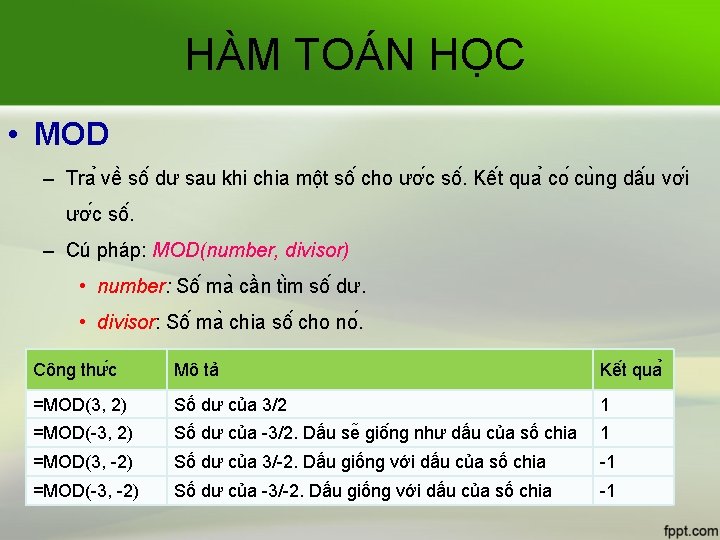 HÀM TOÁN HỌC • MOD – Tra vê sô dư sau khi chia mô