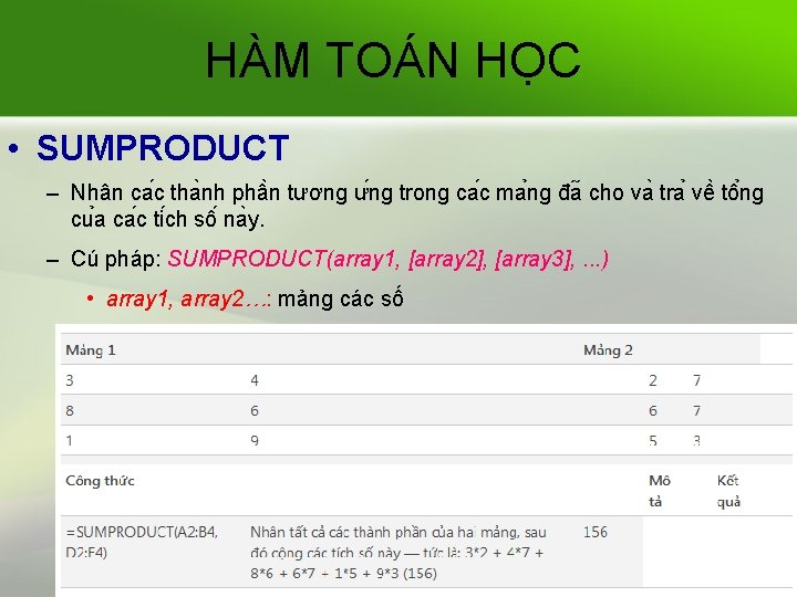 HÀM TOÁN HỌC • SUMPRODUCT – Nhân ca c tha nh phâ n tương