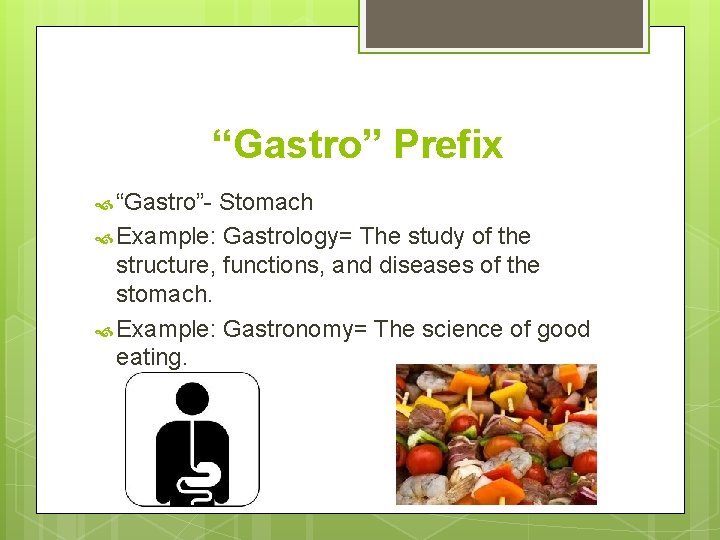“Gastro” Prefix “Gastro”- Stomach Example: Gastrology= The study of the structure, functions, and diseases