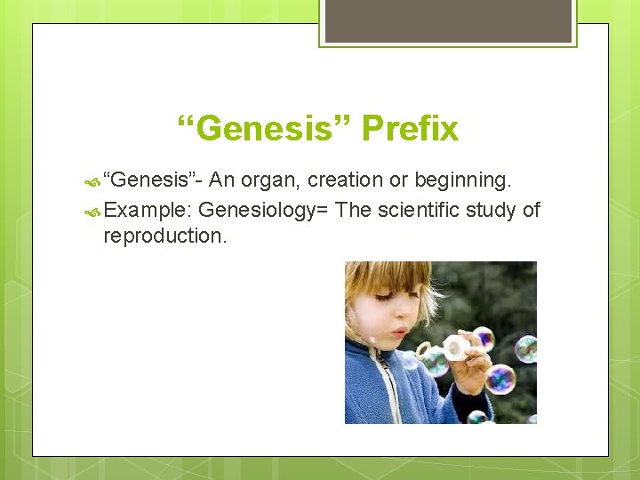 “Genesis” Prefix “Genesis”- An organ, creation or beginning. Example: Genesiology= The scientific study of