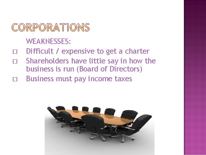 � � � WEAKNESSES: Difficult / expensive to get a charter Shareholders have little