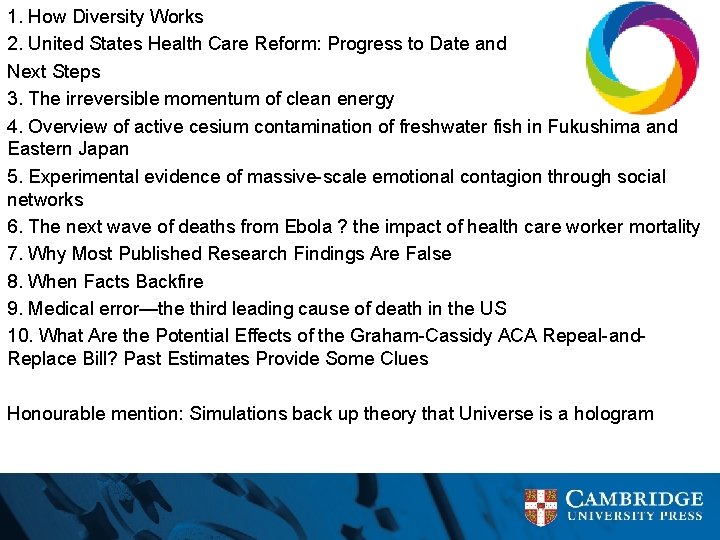 1. How Diversity Works 2. United States Health Care Reform: Progress to Date and