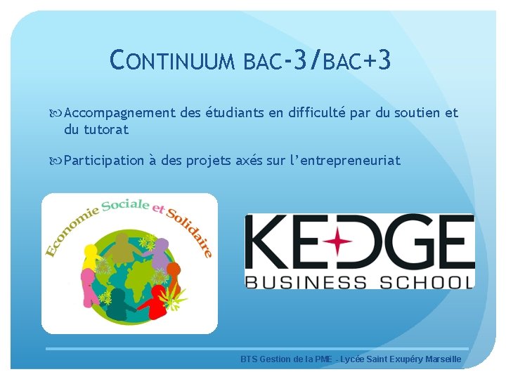CONTINUUM BAC-3/BAC+3 Accompagnement des étudiants en difficulté par du soutien et du tutorat Participation