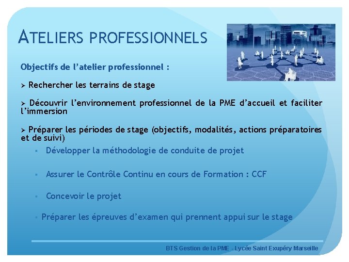 ATELIERS PROFESSIONNELS Objectifs de l’atelier professionnel : Ø Recher les terrains de stage Découvrir