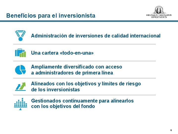 Beneficios para el inversionista Administración de inversiones de calidad internacional Una cartera «todo-en-una» Ampliamente