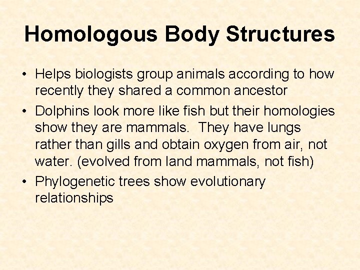 Homologous Body Structures • Helps biologists group animals according to how recently they shared