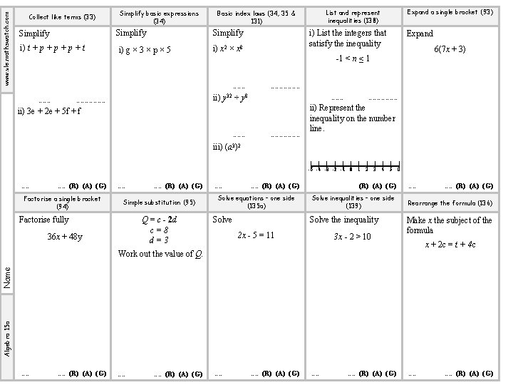 www. vle. mathswatch. com Collect like terms (33) Simplify basic expressions (34) Simplify i)