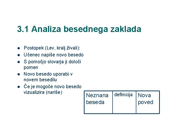 3. 1 Analiza besednega zaklada l l l Postopek (Lev, kralj živali): Učenec napiše