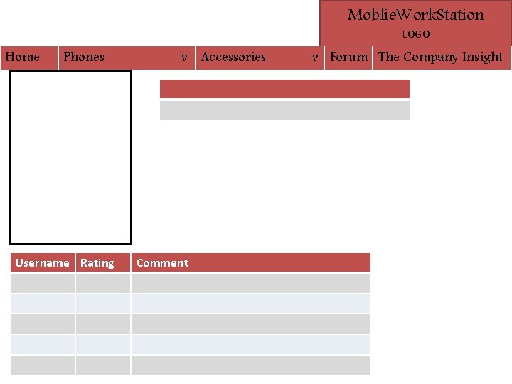 Moblie. Work. Station LOGO Home Phones Username Rating v Accessories Comment v Forum The