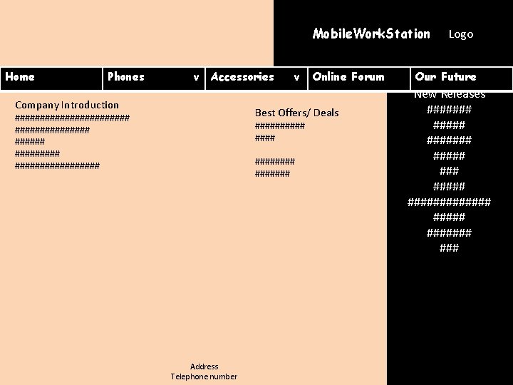 Mobile. Work. Station Home Phones v Accessories Company Introduction v Online Forum Best Offers/