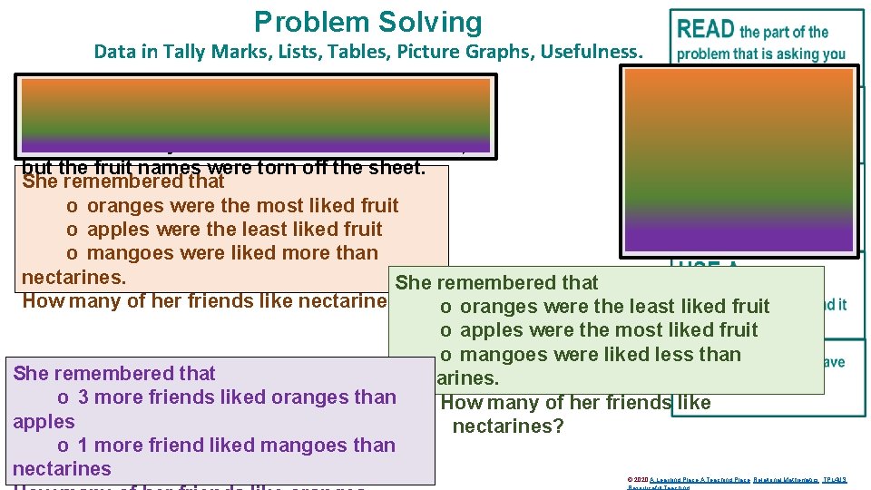 Problem Solving Data in Tally Marks, Lists, Tables, Picture Graphs, Usefulness. Chloe asked her