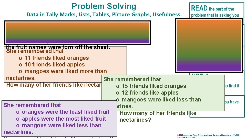 Problem Solving Data in Tally Marks, Lists, Tables, Picture Graphs, Usefulness. Chloe asked her