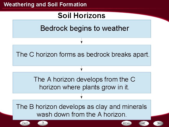 Weathering and Soil Formation Soil Horizons Bedrock begins to weather The C horizon forms