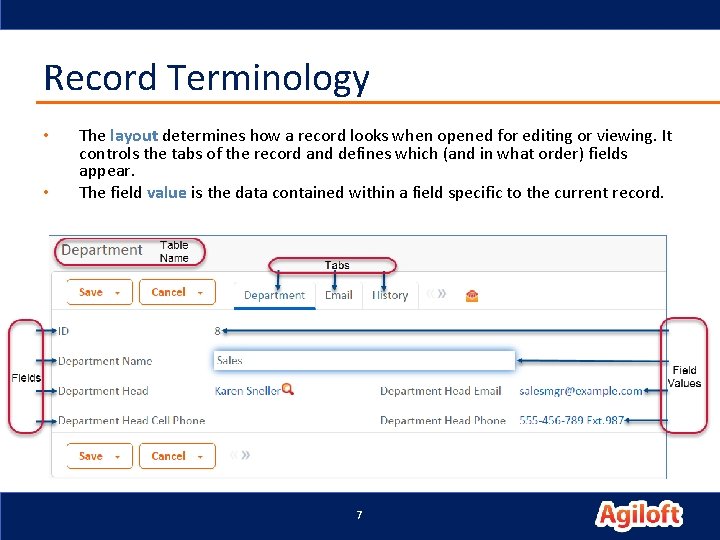 Record Terminology • • The layout determines how a record looks when opened for