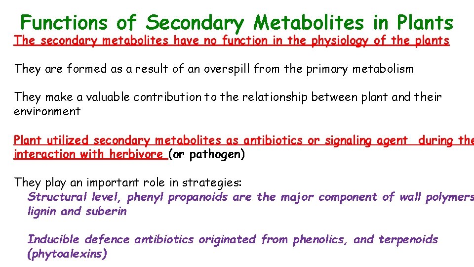 Functions of Secondary Metabolites in Plants The secondary metabolites have no function in the
