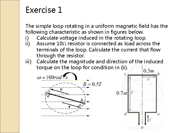 Exercise 1 The simple loop rotating in a uniform magnetic field has the following