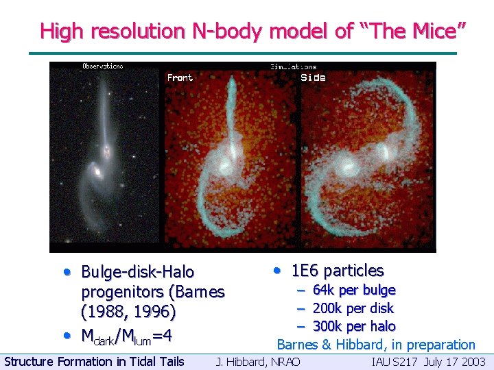 High resolution N-body model of “The Mice” • Bulge-disk-Halo • 1 E 6 particles