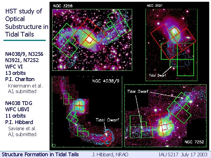 HST study of Optical Substructure in Tidal Tails N 4038/9, N 3256 N 3921,