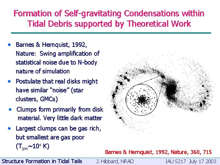 Formation of Self-gravitating Condensations within Tidal Debris supported by Theoretical Work • Barnes &