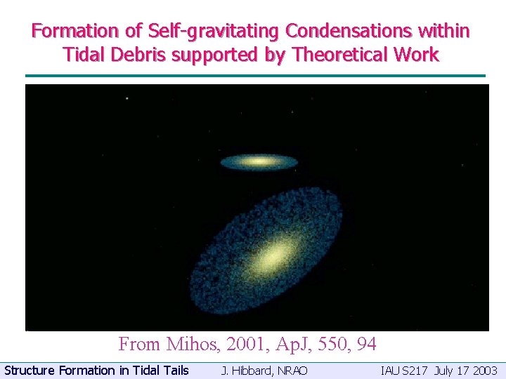 Formation of Self-gravitating Condensations within Tidal Debris supported by Theoretical Work From Mihos, 2001,