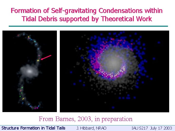 Formation of Self-gravitating Condensations within Tidal Debris supported by Theoretical Work From Barnes, 2003,