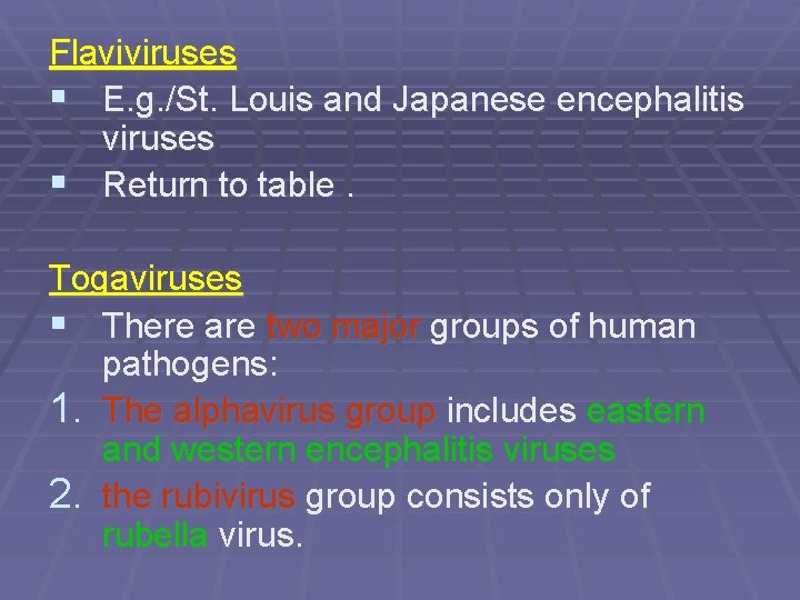 Flaviviruses § E. g. /St. Louis and Japanese encephalitis viruses § Return to table.