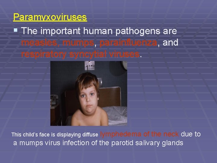 Paramyxoviruses § The important human pathogens are measles, mumps, parainfluenza, and respiratory syncytial viruses.