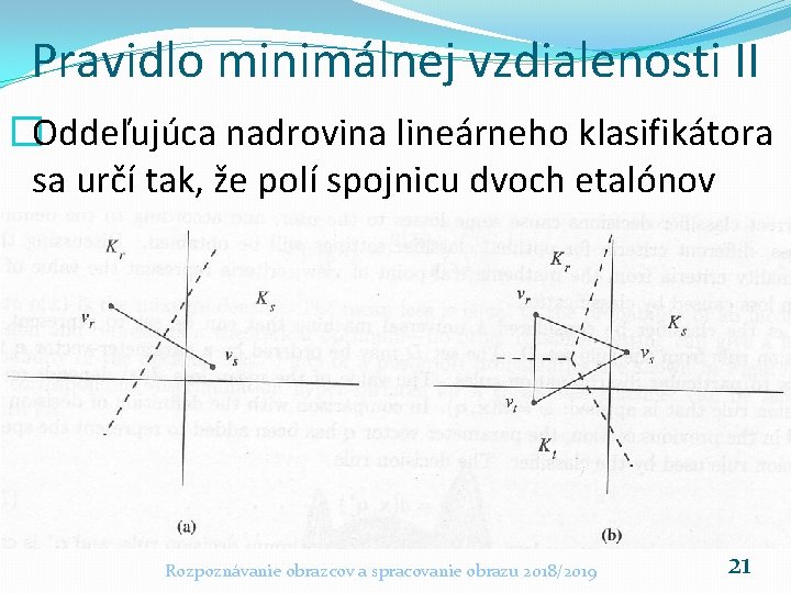 Pravidlo minimálnej vzdialenosti II �Oddeľujúca nadrovina lineárneho klasifikátora sa určí tak, že polí spojnicu