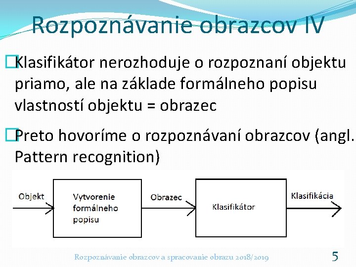 Rozpoznávanie obrazcov IV �Klasifikátor nerozhoduje o rozpoznaní objektu priamo, ale na základe formálneho popisu