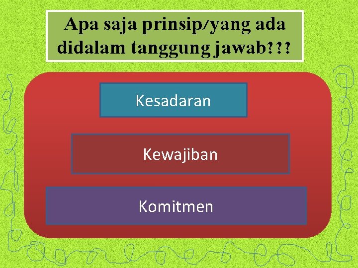 Apa saja prinsip/yang ada didalam tanggung jawab? ? ? Kesadaran Kewajiban Komitmen 