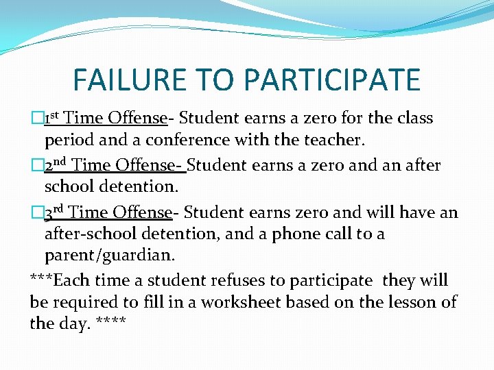 FAILURE TO PARTICIPATE � 1 st Time Offense- Student earns a zero for the