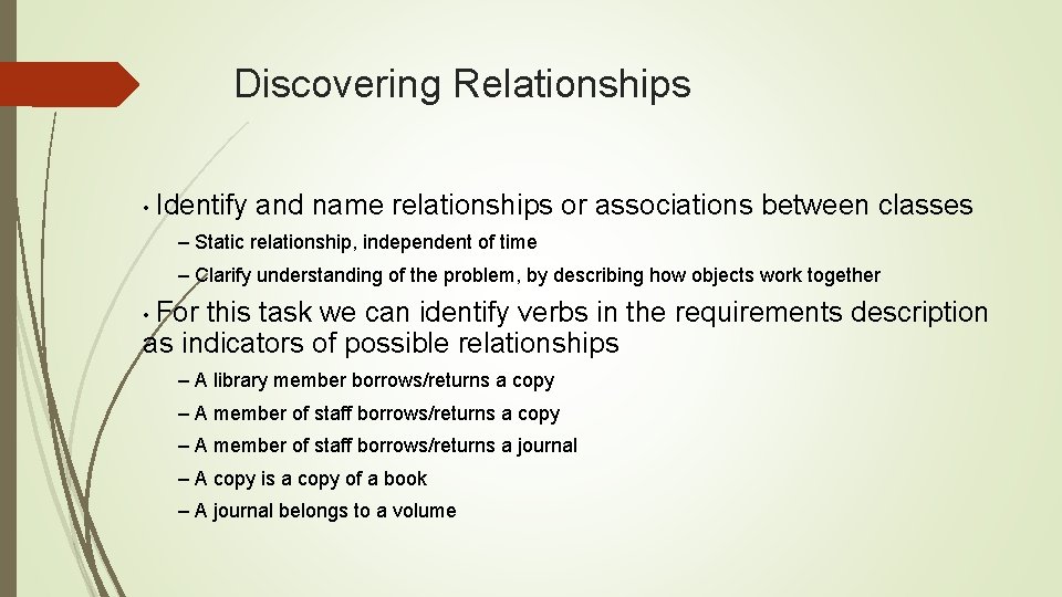 Discovering Relationships • Identify and name relationships or associations between classes – Static relationship,