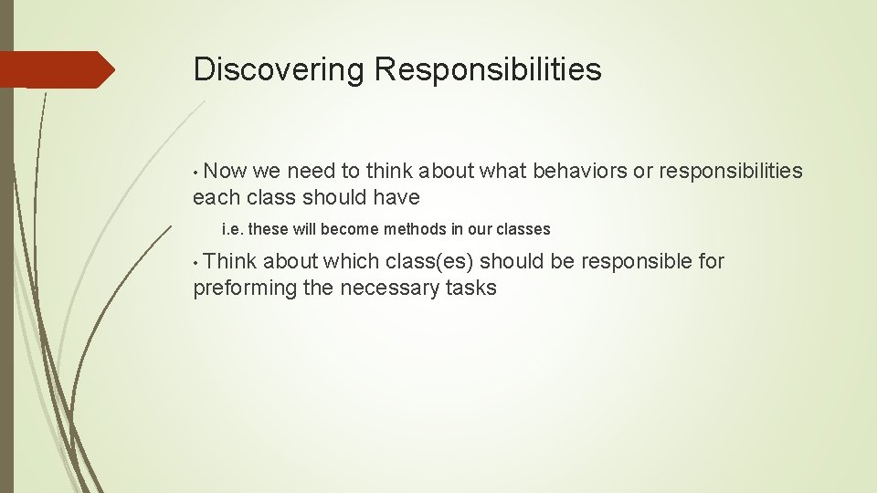 Discovering Responsibilities • Now we need to think about what behaviors or responsibilities each