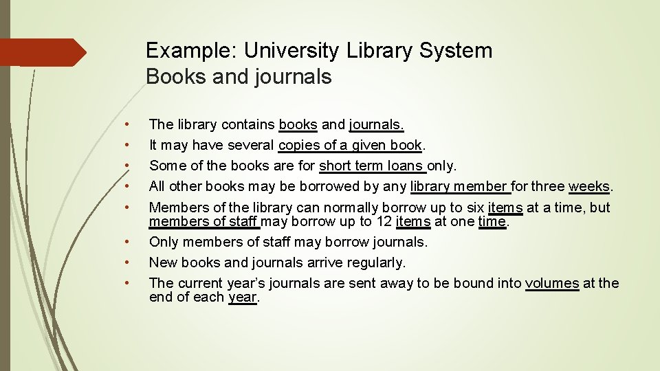 Example: University Library System Books and journals • • The library contains books and