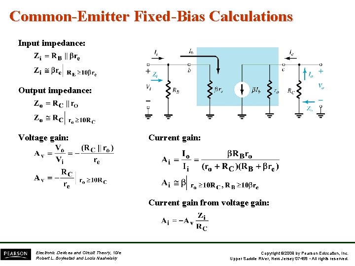 Common-Emitter Fixed-Bias Calculations Input impedance: Output impedance: Voltage gain: Current gain from voltage gain: Common-Emitter Fixed-Bias Calculations Input impedance: Output impedance: Voltage gain: Current gain from voltage gain: