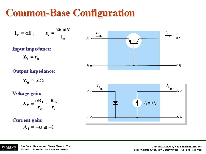 Common-Base Configuration Input impedance: Output impedance: Voltage gain: Current gain: Electronic Devices and Circuit Common-Base Configuration Input impedance: Output impedance: Voltage gain: Current gain: Electronic Devices and Circuit