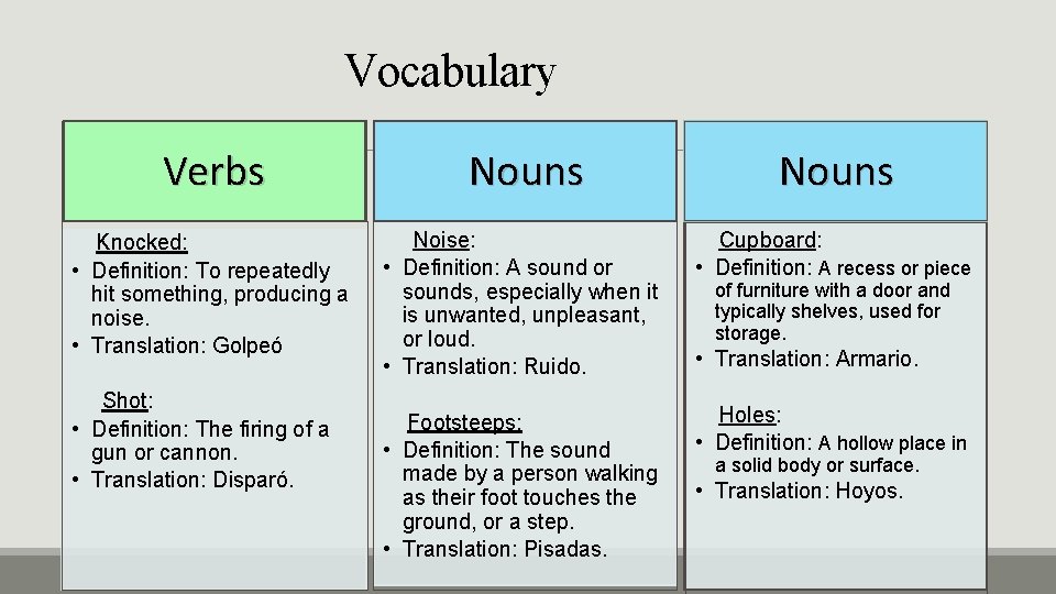 Vocabulary Verbs Nouns Knocked: • Definition: To repeatedly hit something, producing a noise. •