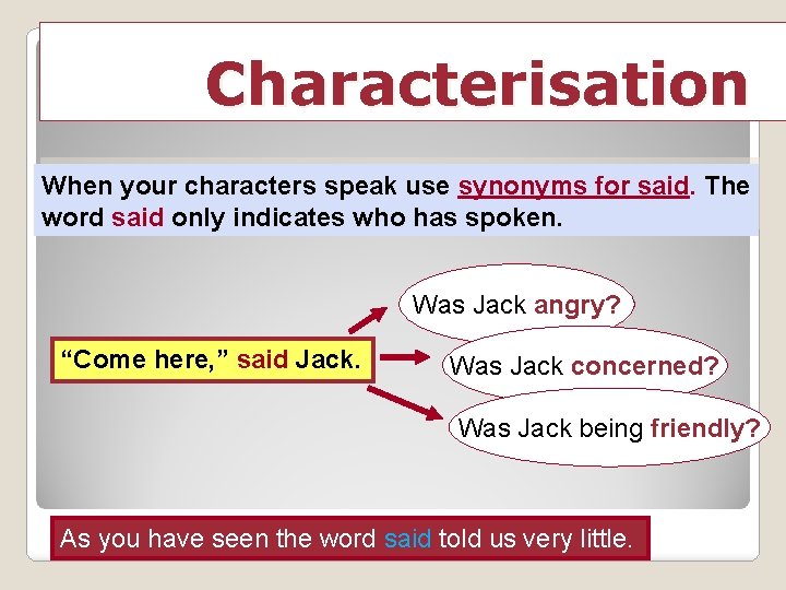 Characterisation When your characters speak use synonyms for said. The word said only indicates