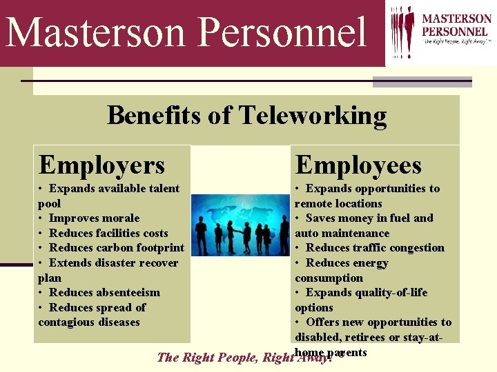 Masterson Personnel Benefits of Teleworking Employers • Expands available talent pool • Improves morale