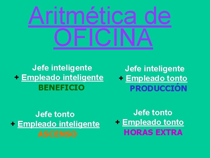 Aritmética de OFICINA Jefe inteligente + Empleado inteligente BENEFICIO Jefe tonto + Empleado inteligente