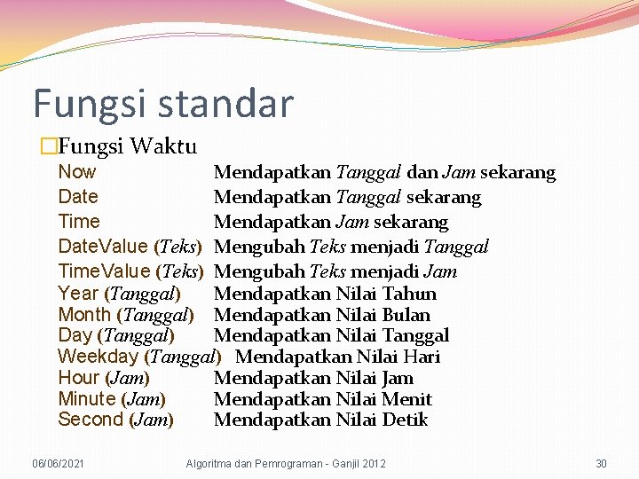 Fungsi standar �Fungsi Waktu Now Mendapatkan Tanggal dan Jam sekarang Date Mendapatkan Tanggal sekarang