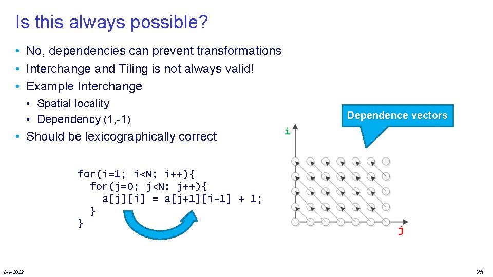 Is this always possible? • No, dependencies can prevent transformations • Interchange and Tiling