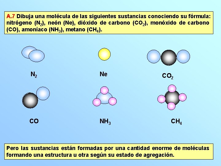 A. 7 Dibuja una molécula de las siguientes sustancias conociendo su fórmula: nitrógeno (N